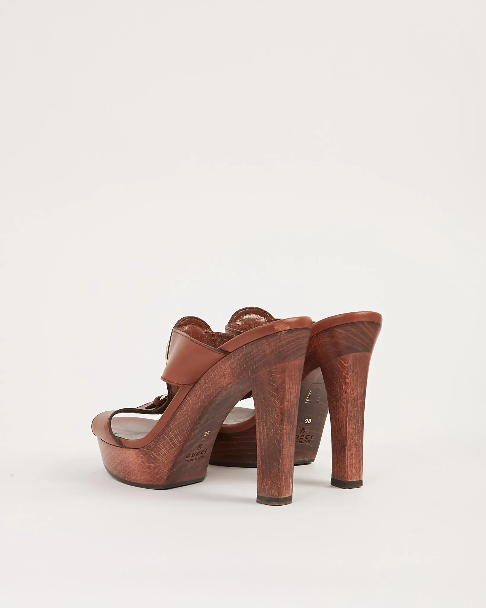 Gucci Brown Leather & Wood Platform Heels - 38