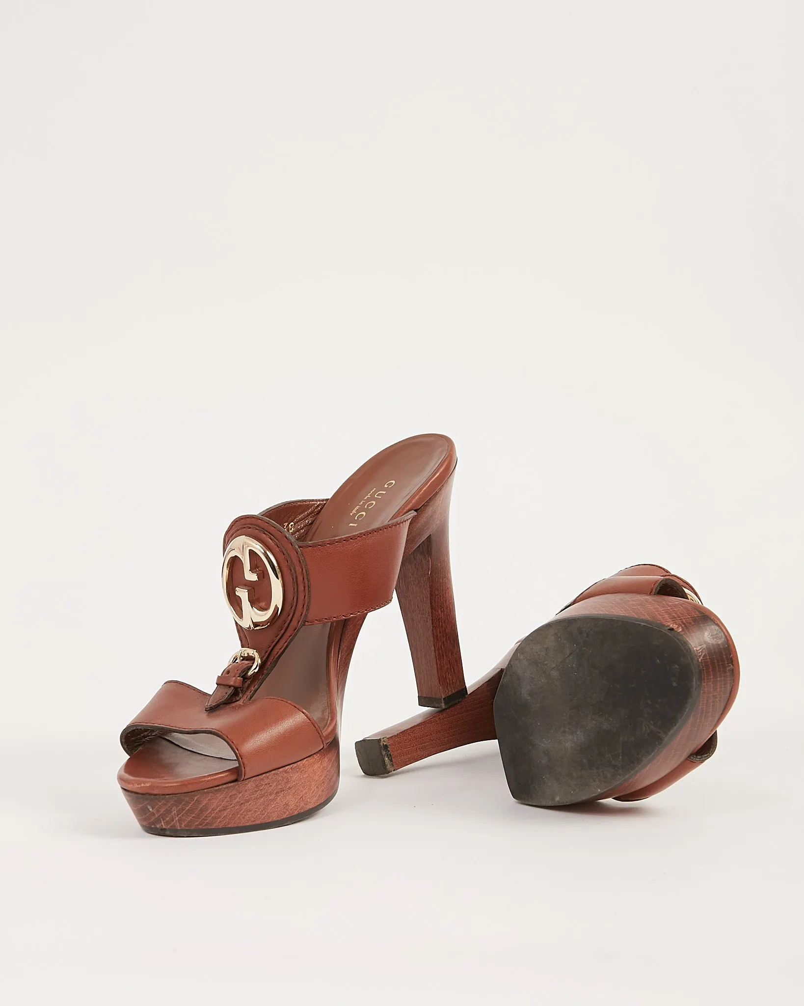 Gucci Brown Leather & Wood Platform Heels - 38