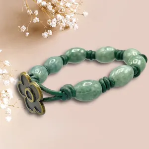 Hand knotted Jade gemstone on green Leather Bracelet