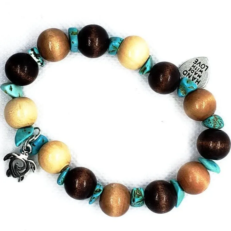 Handmade Stretch Boho Style Turtle Charm Bracelet – Natural Wood Beads & Turquoise Howlite