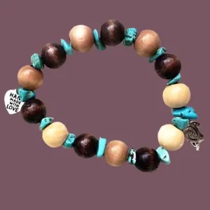 Handmade Stretch Boho Style Turtle Charm Bracelet – Natural Wood Beads & Turquoise Howlite