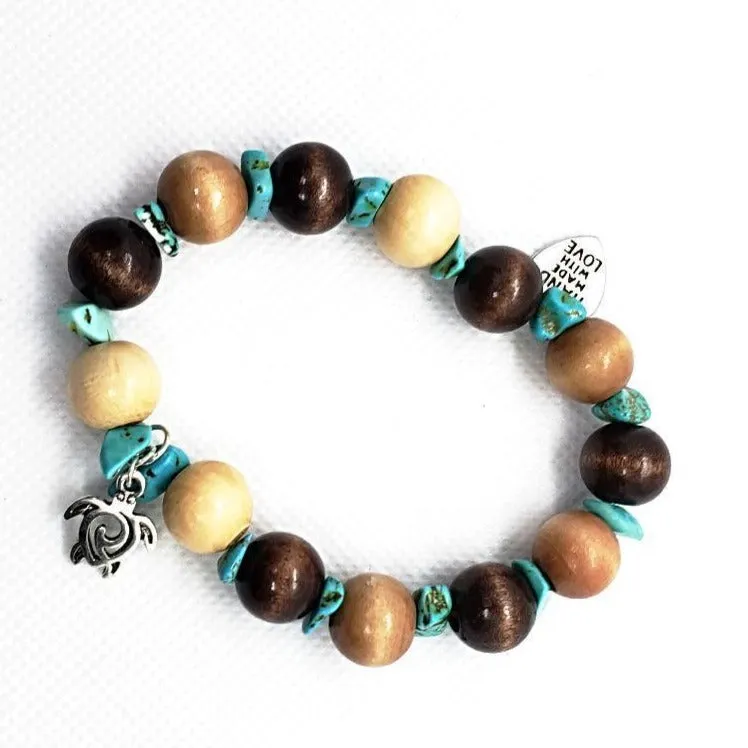 Handmade Stretch Boho Style Turtle Charm Bracelet – Natural Wood Beads & Turquoise Howlite