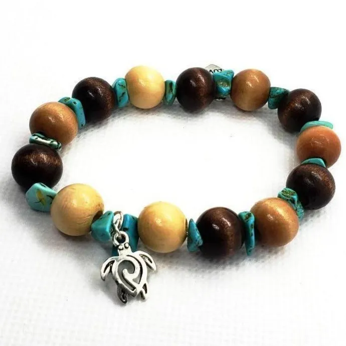 Handmade Stretch Boho Style Turtle Charm Bracelet – Natural Wood Beads & Turquoise Howlite