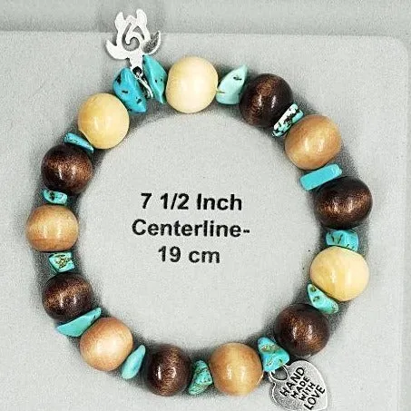 Handmade Stretch Boho Style Turtle Charm Bracelet – Natural Wood Beads & Turquoise Howlite