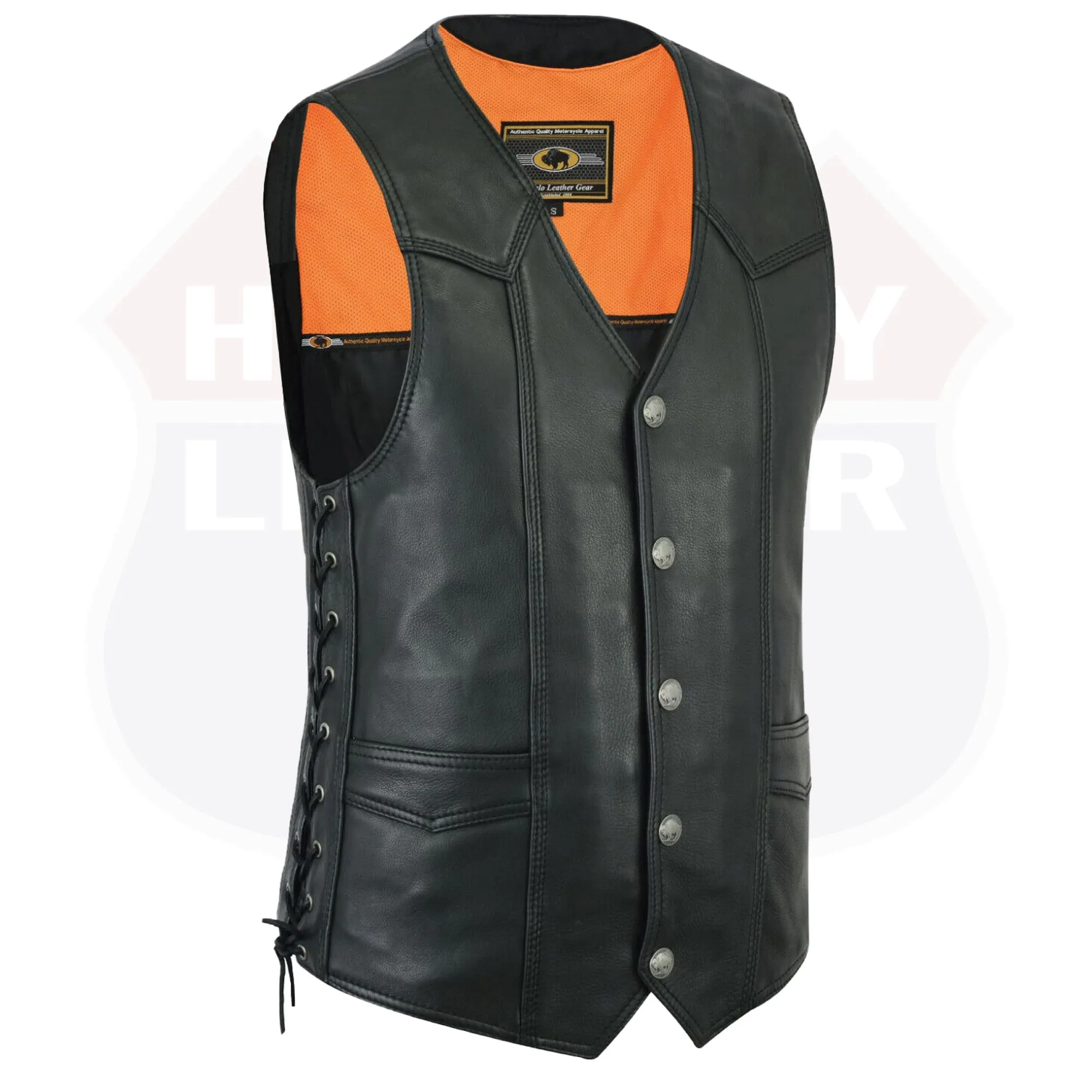HL11614NKD  Buffalo Nickel Snaps With Side Lace Basic Motorcycle Leather Vest
