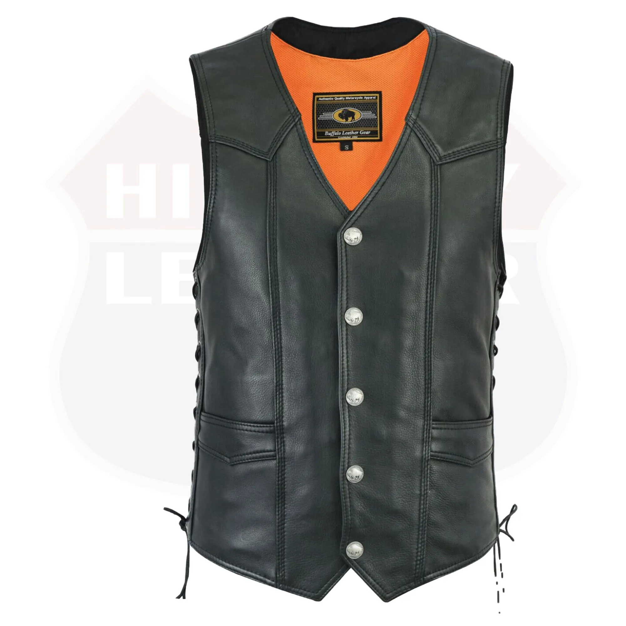 HL11614NKD  Buffalo Nickel Snaps With Side Lace Basic Motorcycle Leather Vest