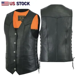 HL11614NKD  Buffalo Nickel Snaps With Side Lace Basic Motorcycle Leather Vest