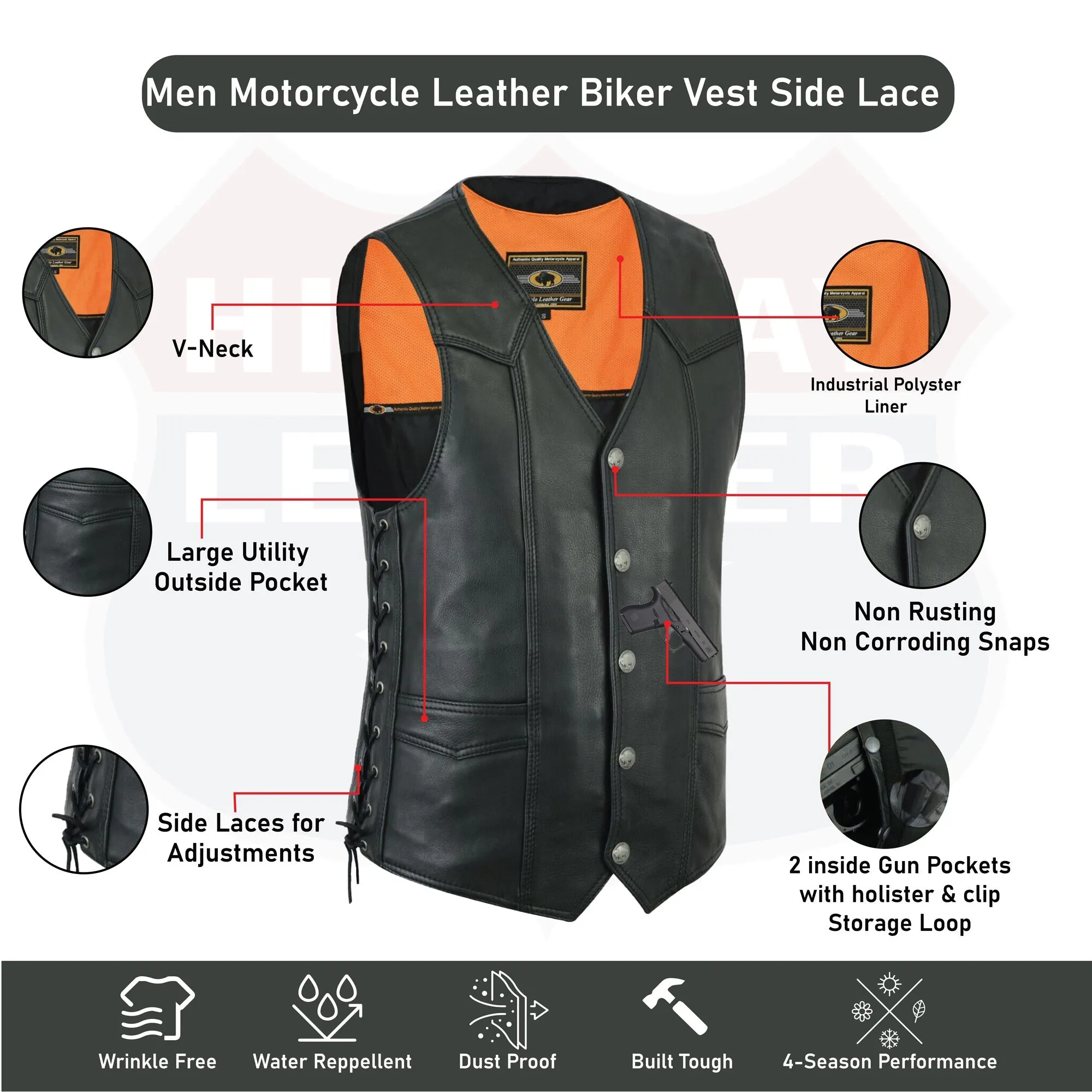 HL11614NKD  Buffalo Nickel Snaps With Side Lace Basic Motorcycle Leather Vest
