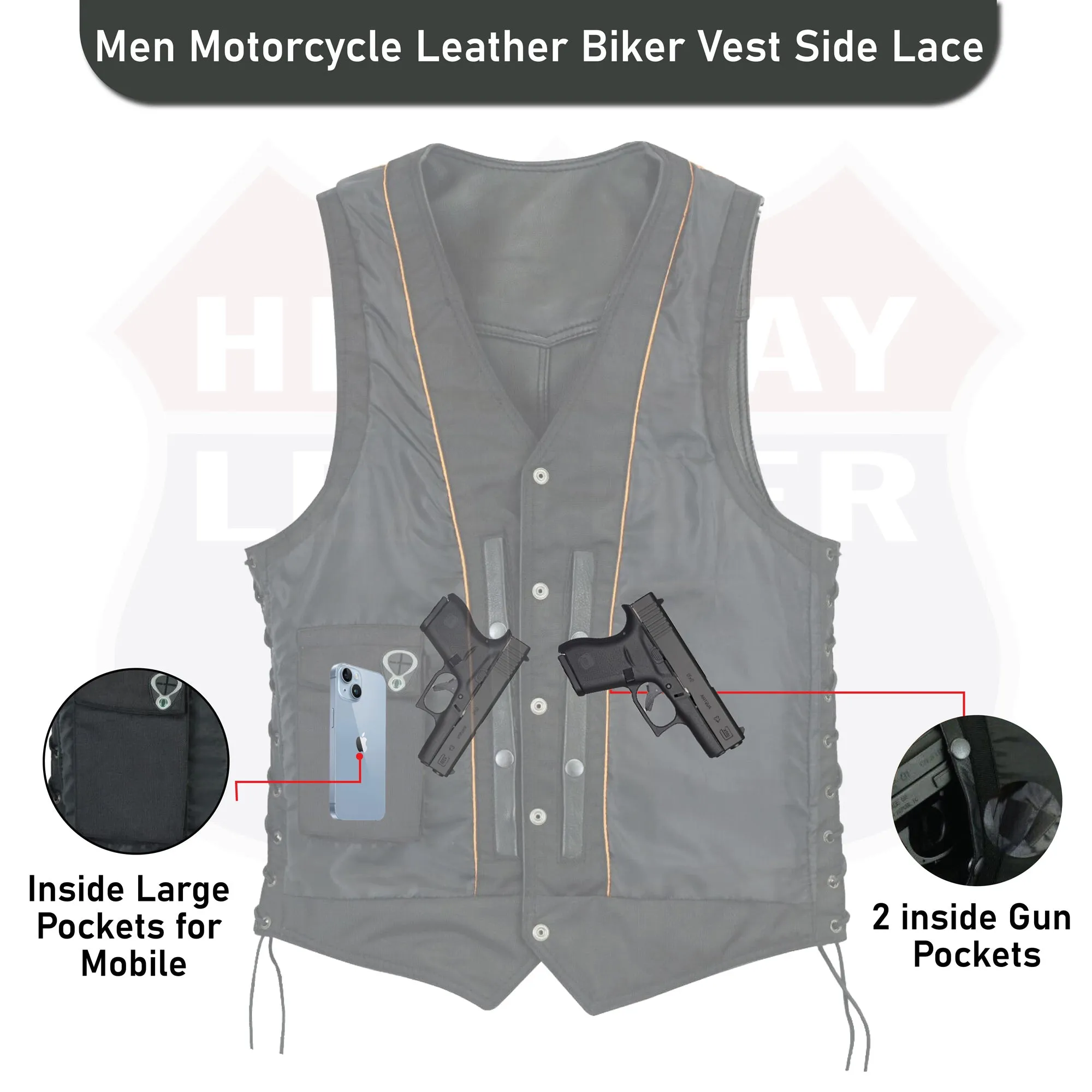 HL11614NKD  Buffalo Nickel Snaps With Side Lace Basic Motorcycle Leather Vest