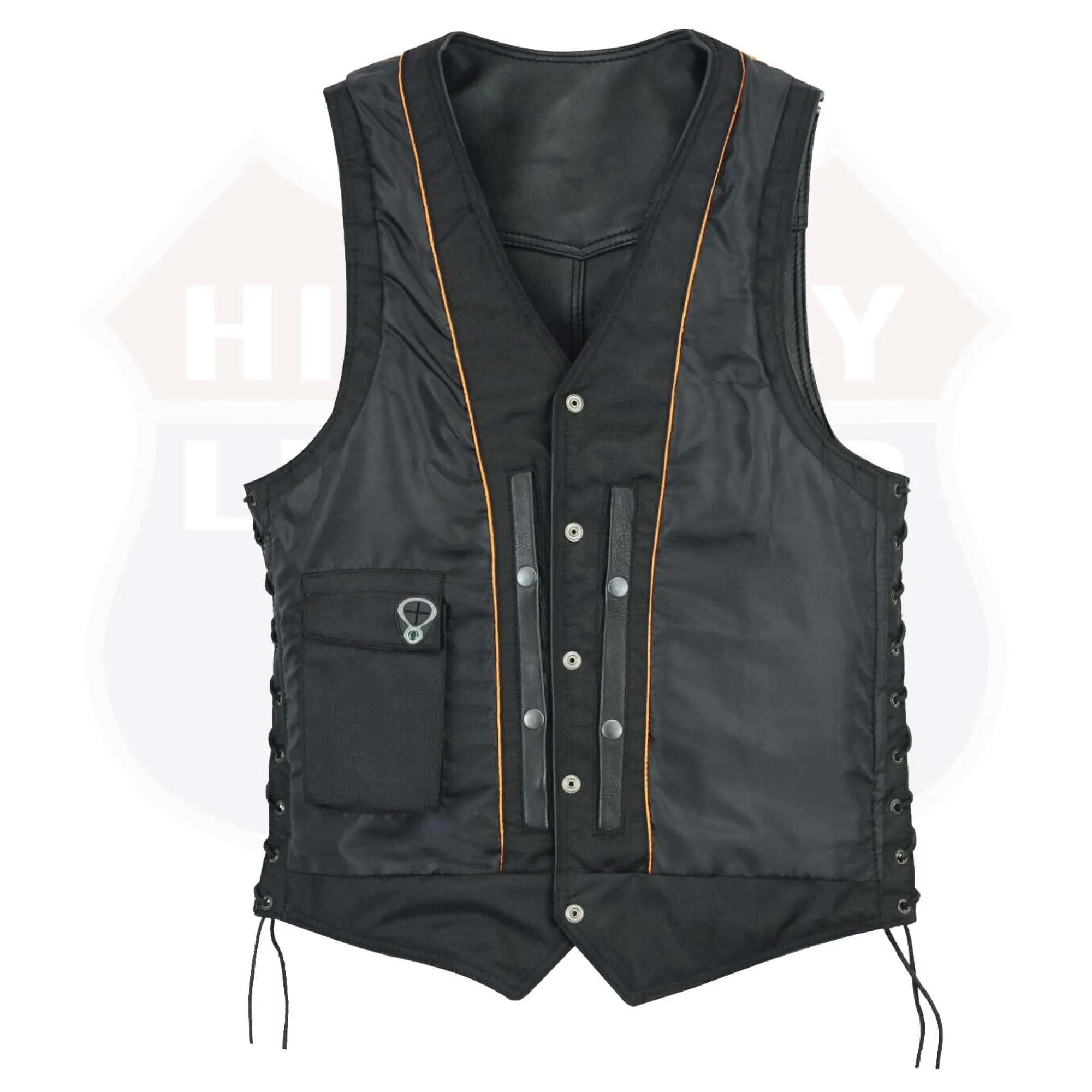 HL11614NKD  Buffalo Nickel Snaps With Side Lace Basic Motorcycle Leather Vest