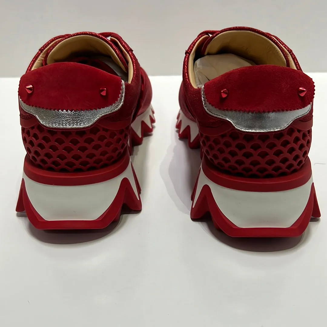 Loubishark Flat Metallic Suede Red Sole Runner Sneakers