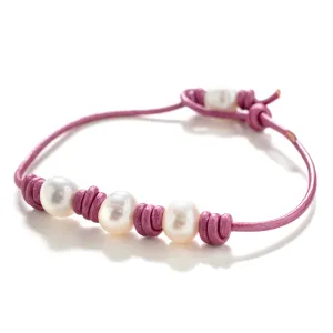 Metallic Hot Pink Leather Pearl Anklet