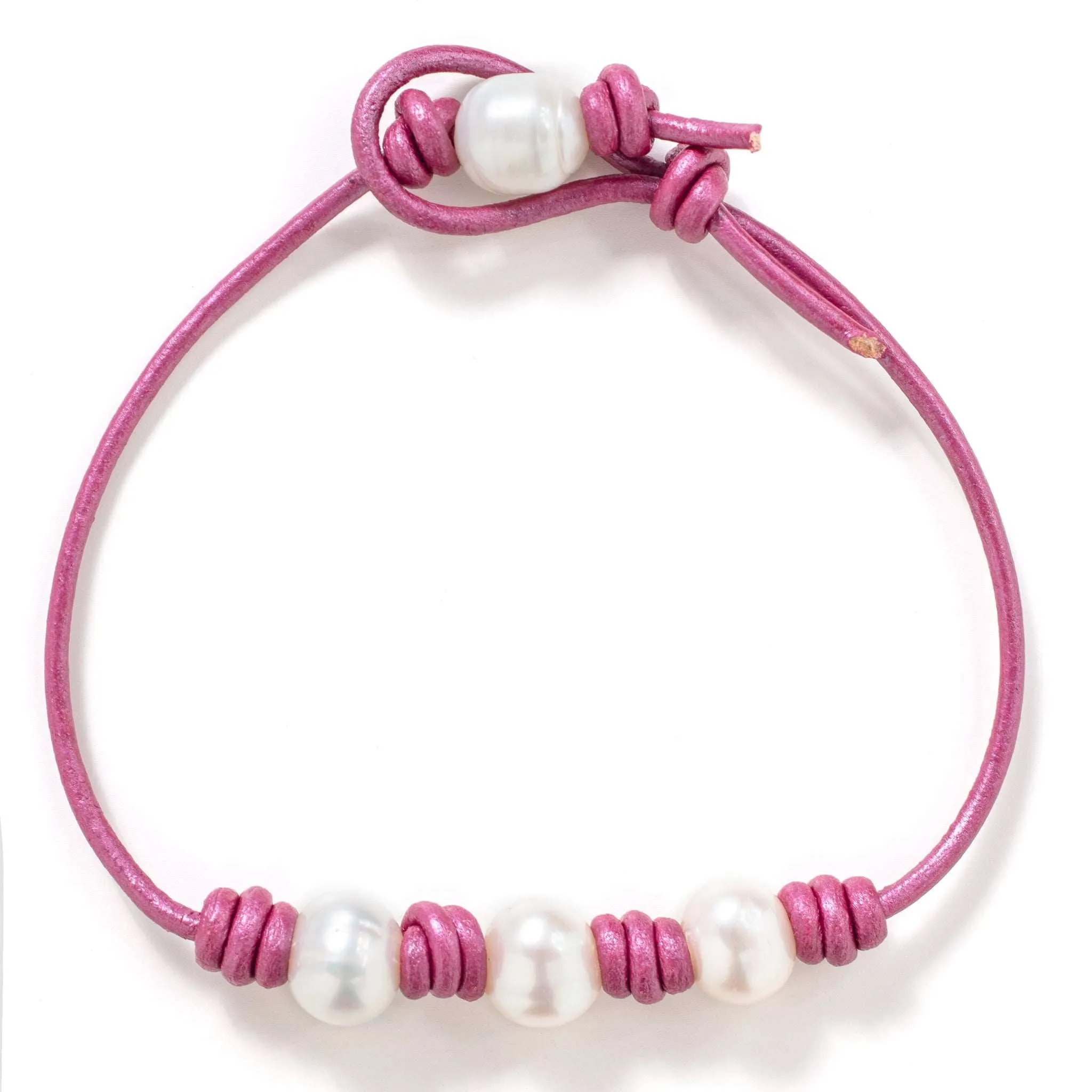 Metallic Hot Pink Leather Pearl Anklet
