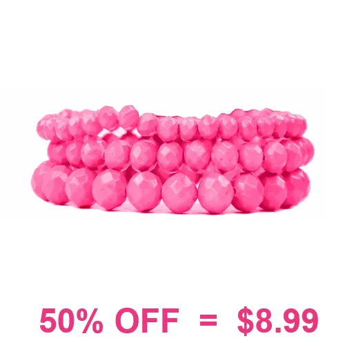 Neon Pink Crystal Beaded 3 pc Bracelet Set