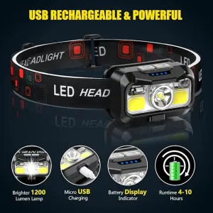New Headlamp Rechargeable, LED with White Red Lights, 1200 Lumen Super Bright, 8 Modes, Motion Sensor, Waterproof