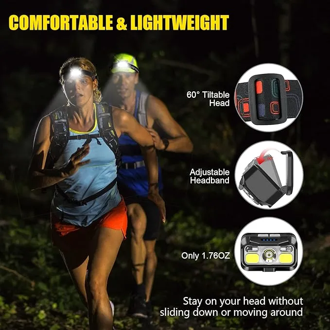 New Headlamp Rechargeable, LED with White Red Lights, 1200 Lumen Super Bright, 8 Modes, Motion Sensor, Waterproof