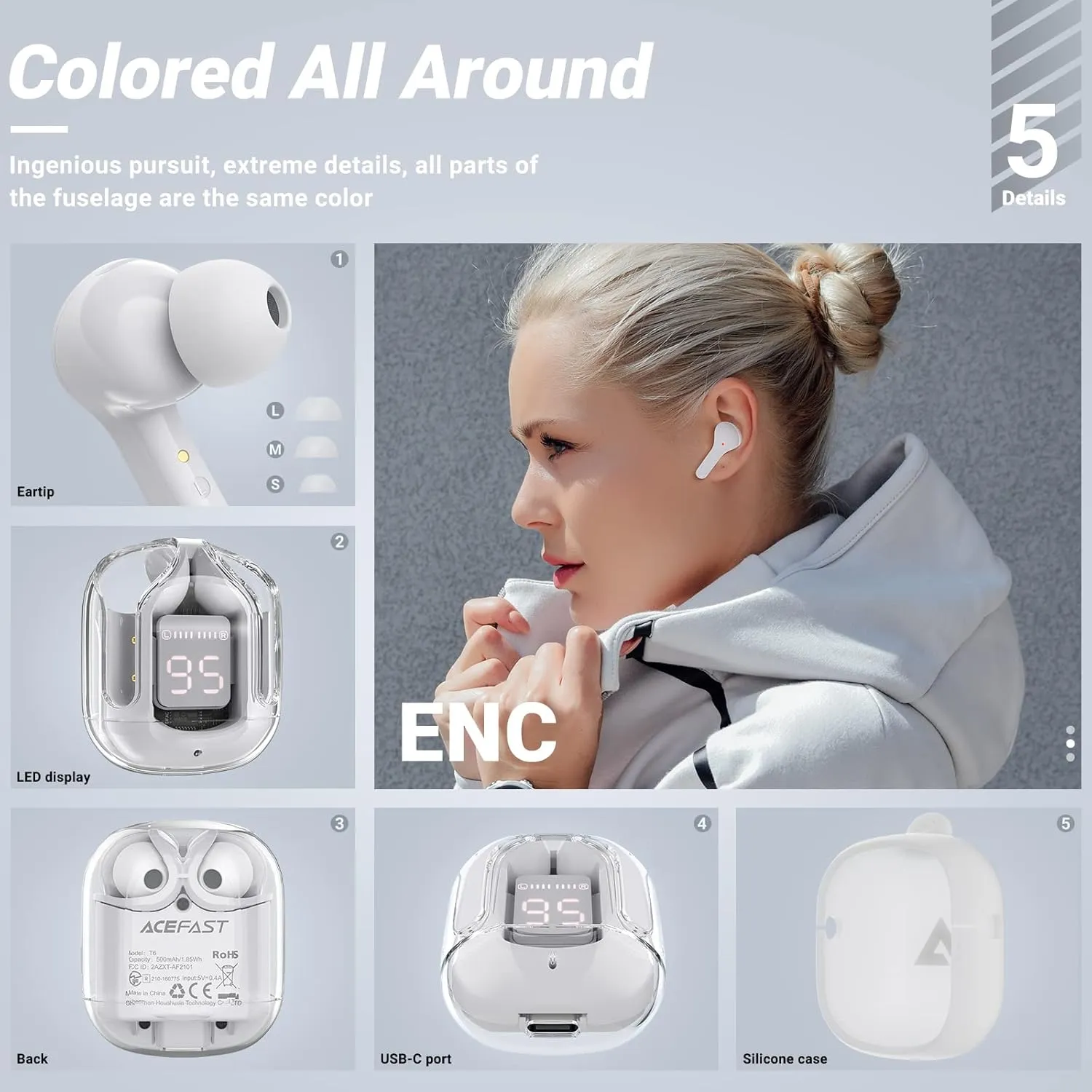 NEW Retails $60 ACEFAST Wireless Earphones Bluetooth 5.3 Headphones LED Power Display Mini Crystal in-Ear Earbuds with Wireless Charging Case Touch Control Built-in Mic Headphone for Sports Waterproof Earphone
