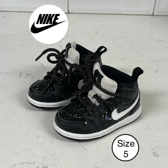 Nike Air Jordan 1 AJ1 Mid SE (TD) Black Glitter AV5172-001 Kids Shoes size 5C