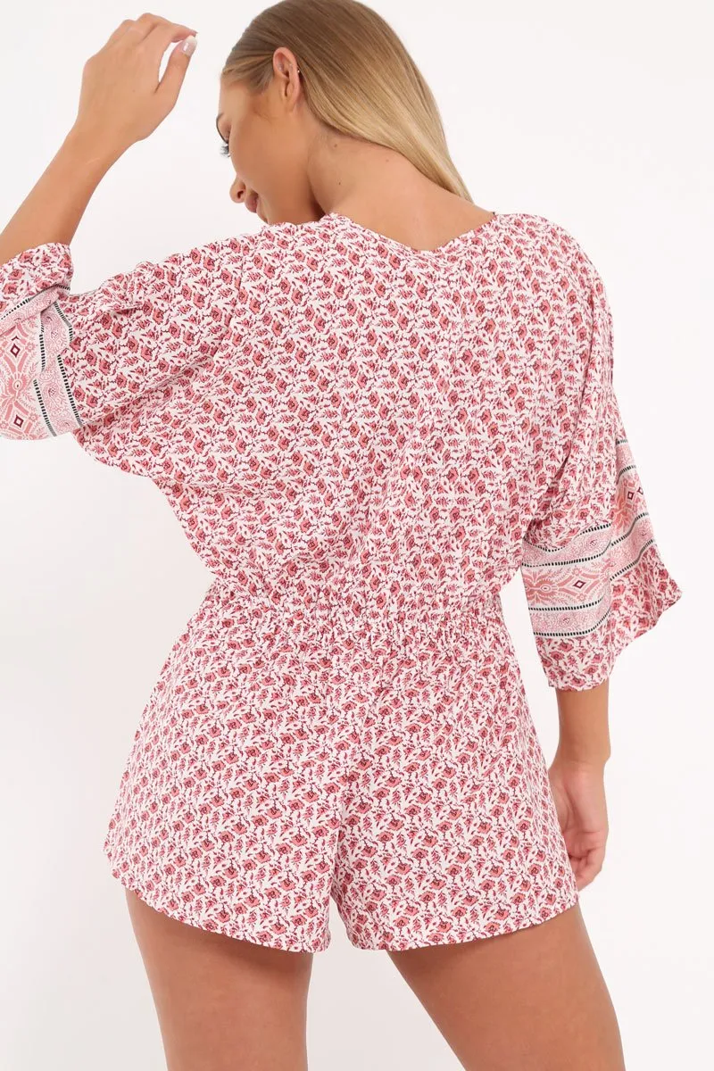 Red Patterned Plunge Kimono Sleeve Playsuit -Nerissa