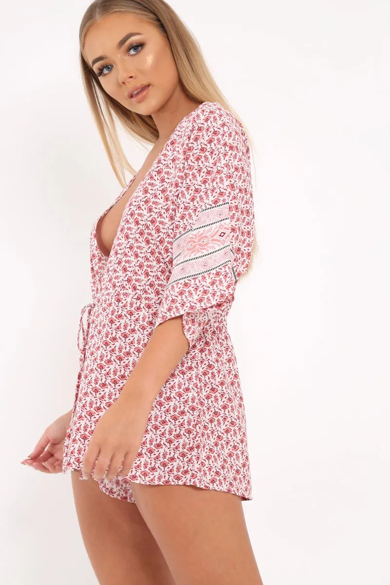 Red Patterned Plunge Kimono Sleeve Playsuit -Nerissa