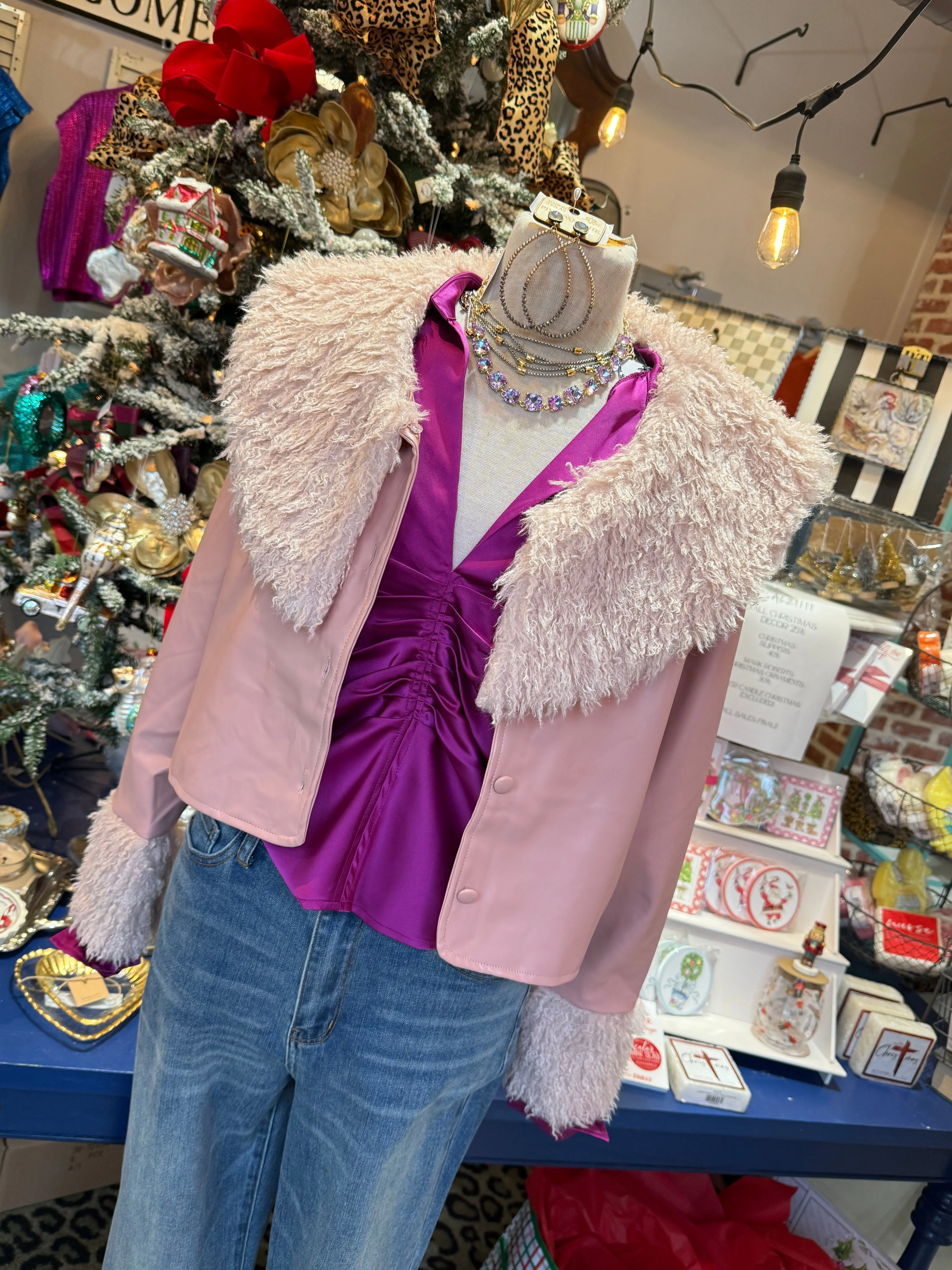 Rose Pink Cropped Fur Collared Jacket