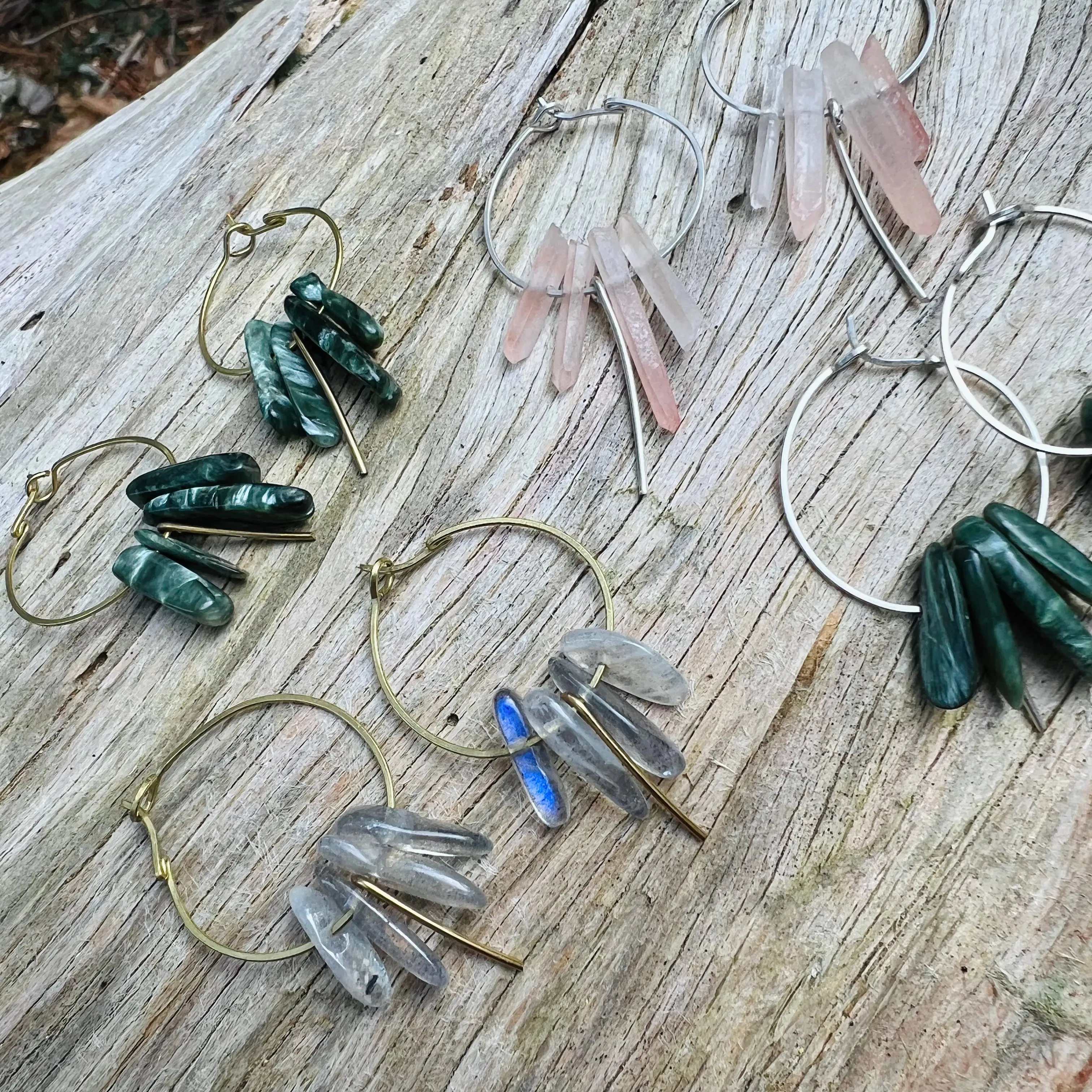 Small Crystal Fringe Hoop Earrings with Healing Gemstones in Sterling Silver & Brass