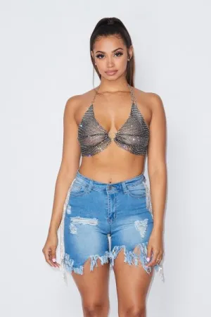 Stretchy Rhinestone Jeweled Halter Top - Black -
