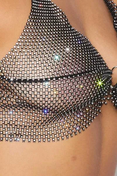 Stretchy Rhinestone Jeweled Halter Top - Black -