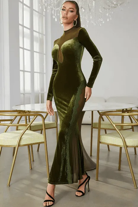 Velvet splicing mesh slim long-sleeved dress