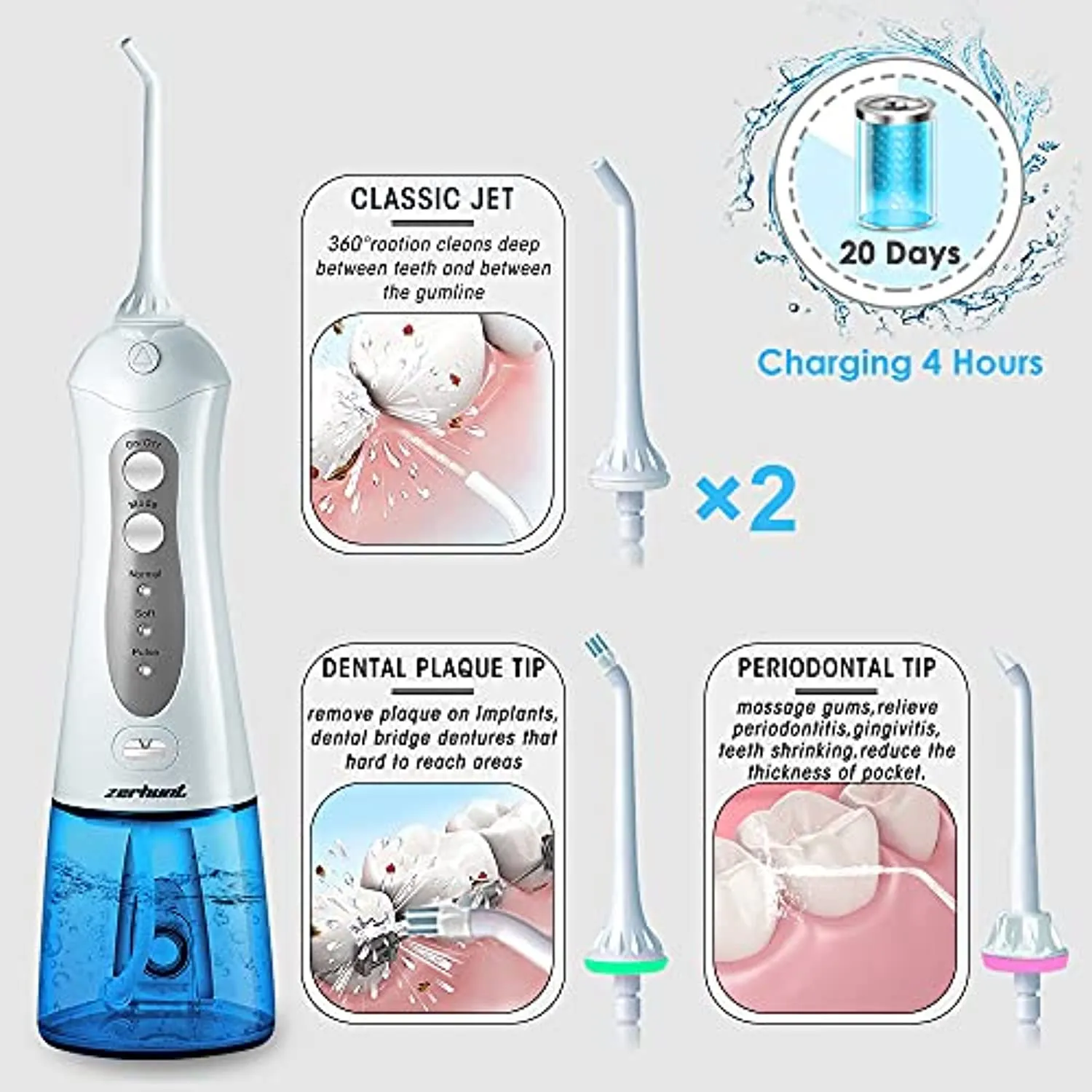 Water Flosser Cordless Teeth Cleaner, Professional Wate Flosser Oral Care for Braces Bridges Care IPX7 Waterproof Dental Flosser with 4 Interchangeable Jet Tips, Detachable Water Tank for Home Travel