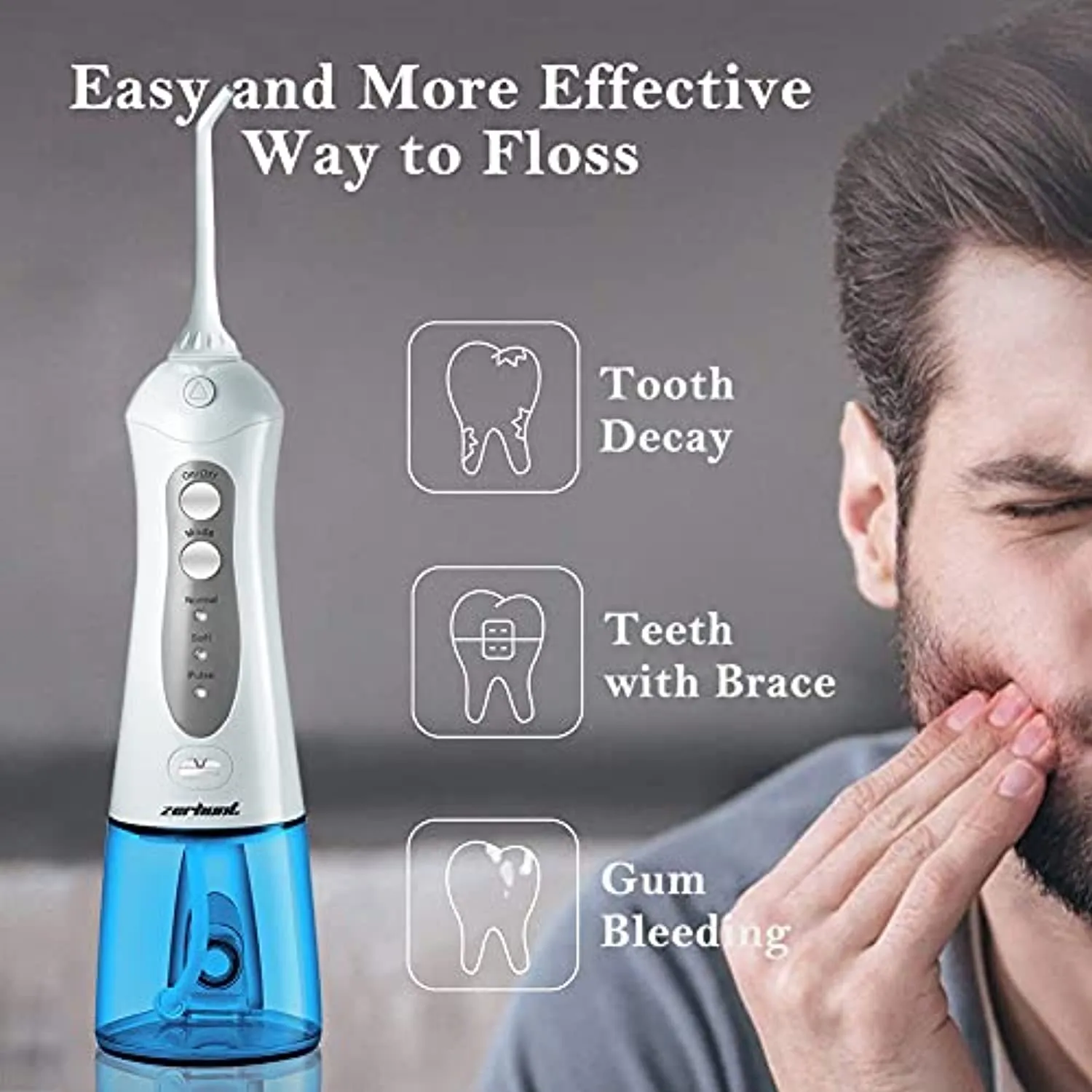 Water Flosser Cordless Teeth Cleaner, Professional Wate Flosser Oral Care for Braces Bridges Care IPX7 Waterproof Dental Flosser with 4 Interchangeable Jet Tips, Detachable Water Tank for Home Travel