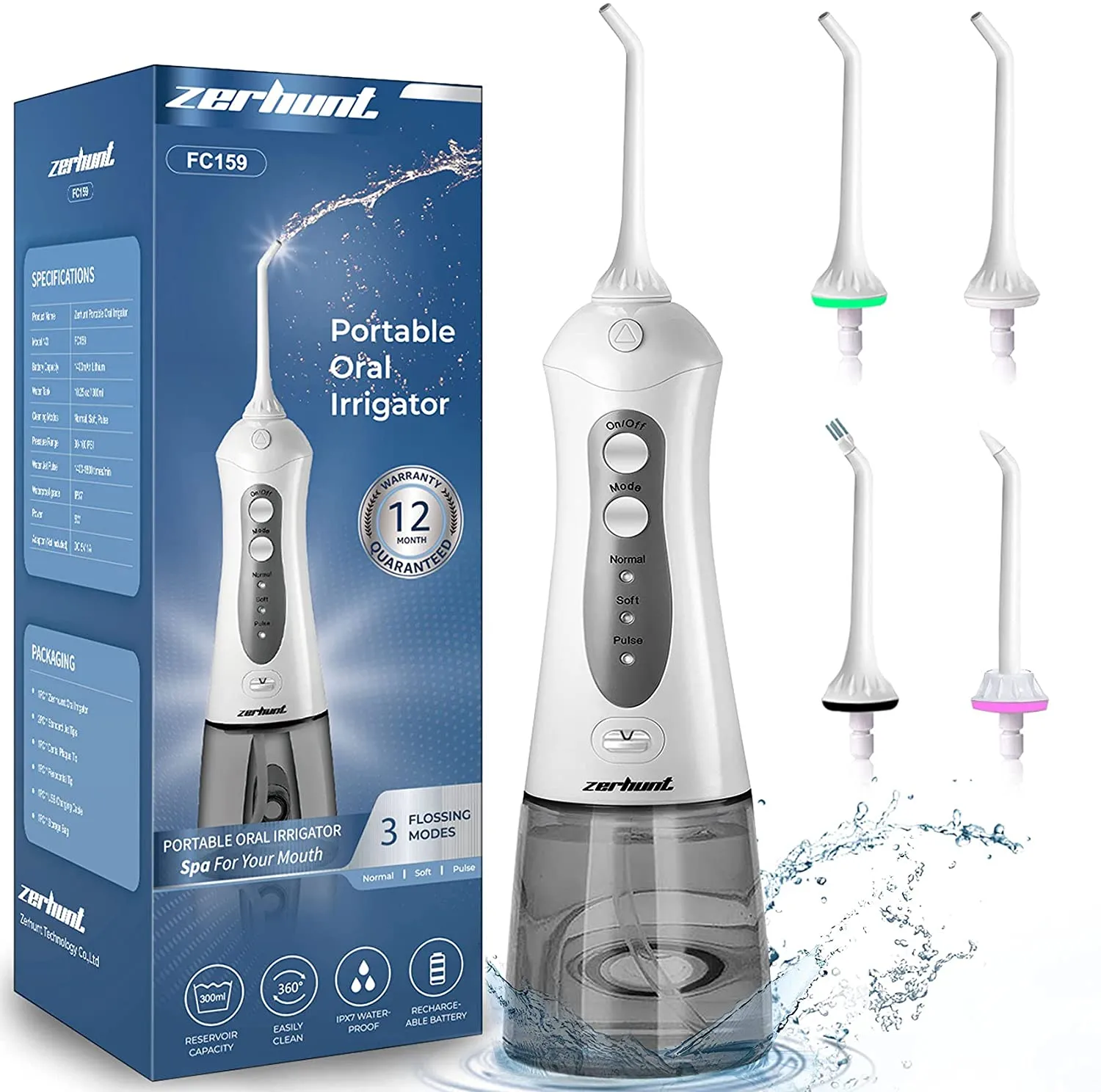 Water Flosser Cordless Teeth Cleaner, Professional Wate Flosser Oral Care for Braces Bridges Care IPX7 Waterproof Dental Flosser with 4 Interchangeable Jet Tips, Detachable Water Tank for Home Travel