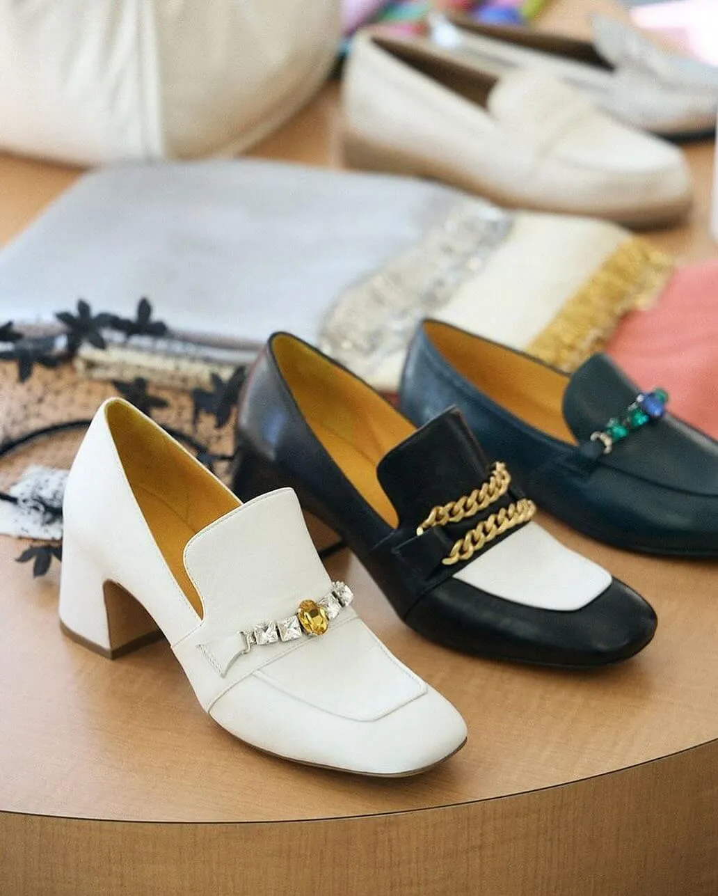 White Leather Mid Heel Jeweled Loafer