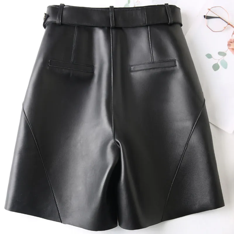 Women Leather Shorts Solid High Waist Belt Leather Sheepskin Straight Pants 2022 New SY3991
