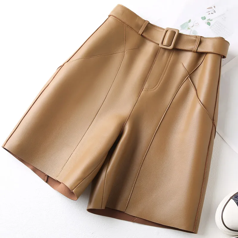 Women Leather Shorts Solid High Waist Belt Leather Sheepskin Straight Pants 2022 New SY3991