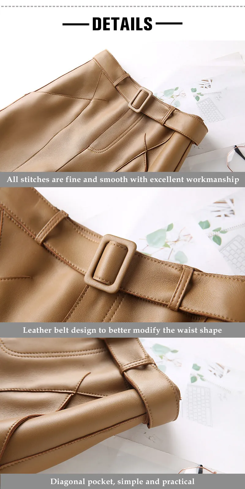 Women Leather Shorts Solid High Waist Belt Leather Sheepskin Straight Pants 2022 New SY3991