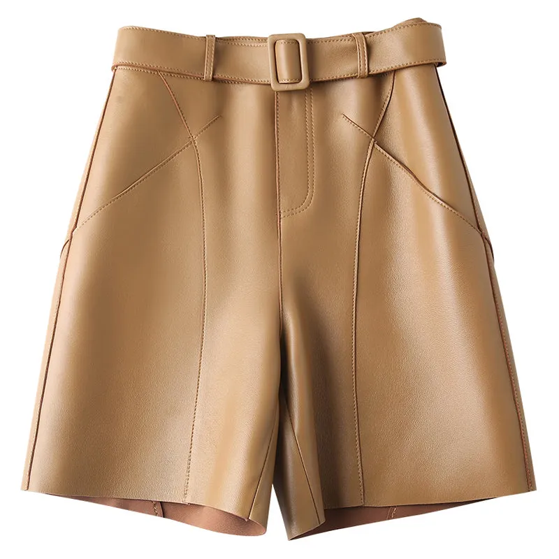 Women Leather Shorts Solid High Waist Belt Leather Sheepskin Straight Pants 2022 New SY3991
