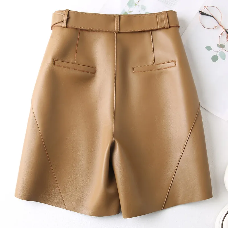 Women Leather Shorts Solid High Waist Belt Leather Sheepskin Straight Pants 2022 New SY3991