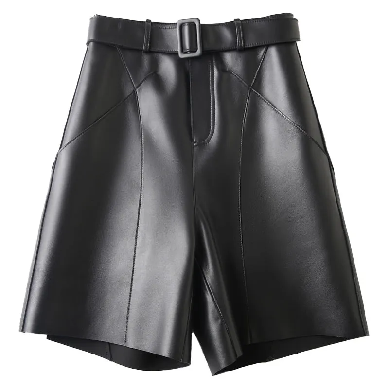 Women Leather Shorts Solid High Waist Belt Leather Sheepskin Straight Pants 2022 New SY3991