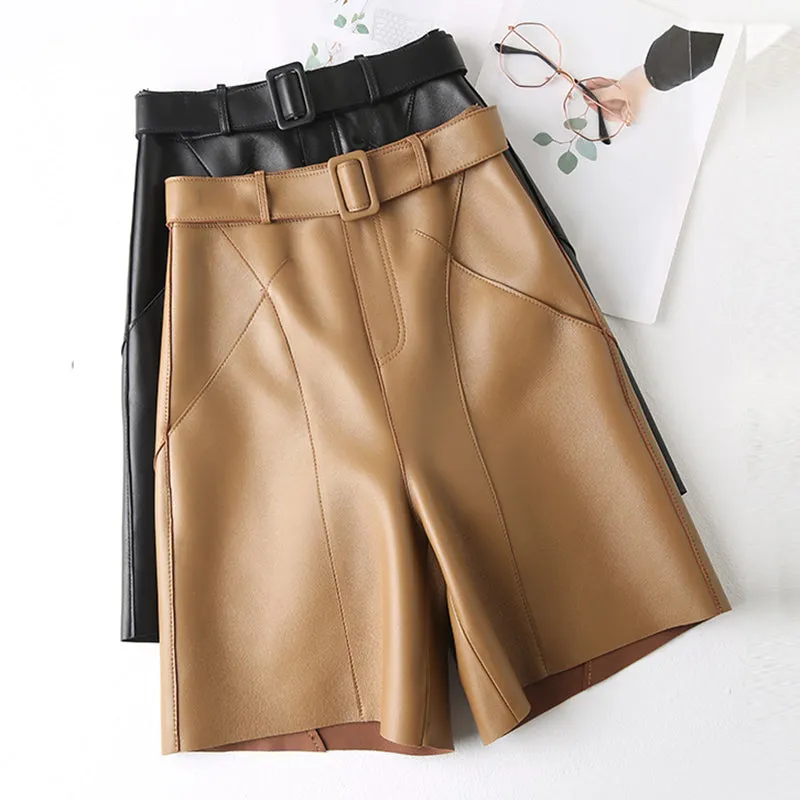 Women Leather Shorts Solid High Waist Belt Leather Sheepskin Straight Pants 2022 New SY3991