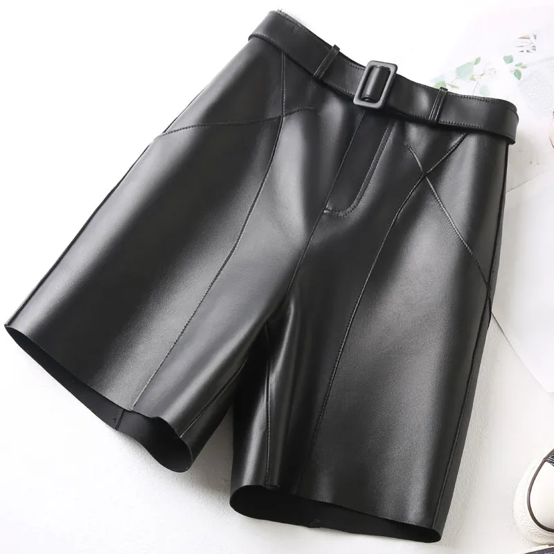 Women Leather Shorts Solid High Waist Belt Leather Sheepskin Straight Pants 2022 New SY3991