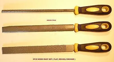 WOOD RASP FILES 8" LONG- 3pce SET ( FLAT, HALF MOON,  ROUND ) - BRAND NEW
